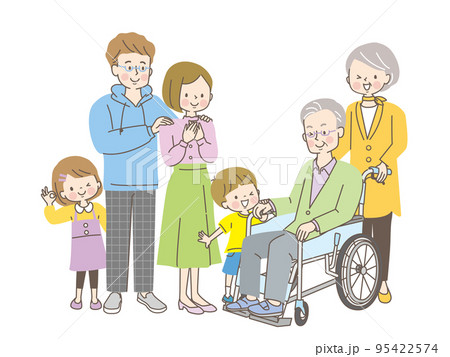 車椅子の祖父を見舞いに来た笑顔の3世帯家族 95422574
