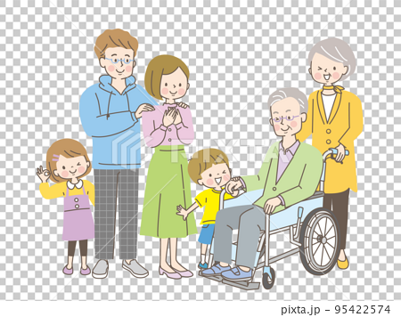 車椅子の祖父を見舞いに来た笑顔の3世帯家族 95422574