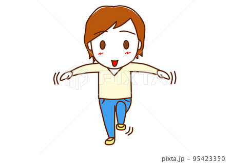 （全身正面）手を広げて片足立ちが楽々できて笑顔の白人男性 95423350