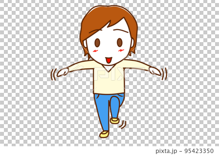 （全身正面）手を広げて片足立ちが楽々できて笑顔の白人男性 95423350