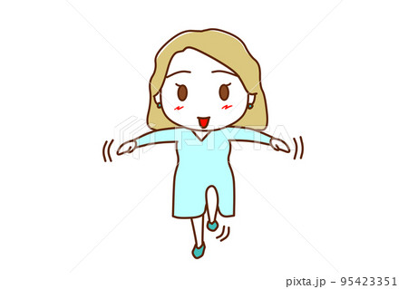 （全身正面）手を広げて片足立ちが楽々できて笑顔の白人女性 95423351