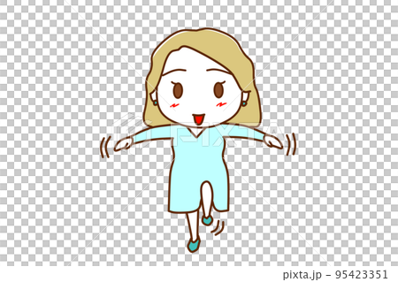 （全身正面）手を広げて片足立ちが楽々できて笑顔の白人女性 95423351