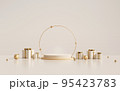 3D rendering light beige and gold product display stands, golden ring of stars with white gift boxes and gold ribbon on white background. 95423783