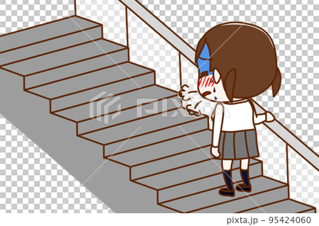 (全身斜め後ろ)階段を上っている途中で呼吸ができずとても苦しんでいる女子学生 (全身斜め後ろ)階段を上っている途中で呼吸ができずとても苦しんでいる女子学生 95424060