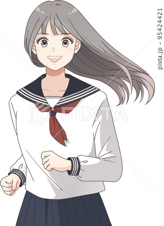 笑顔で走るセーラー服を着たロングヘアの女子学生の上半身イラスト 95424421