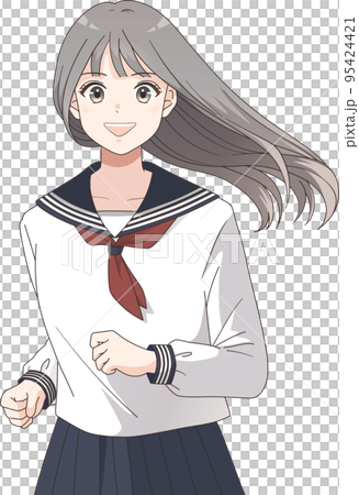 笑顔で走るセーラー服を着たロングヘアの女子学生の上半身イラスト 95424421