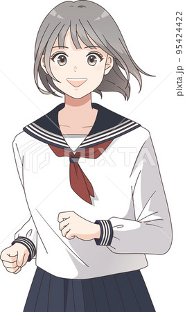 笑顔で走るセーラー服を着たショートヘアの女子学生の上半身イラスト 95424422