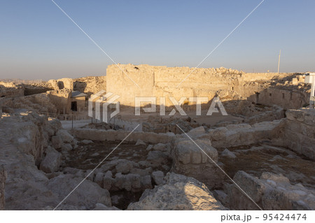 Mount Herodion and the ruins of the fortress of King Herod inside an artificial crater. The Judaean Desert, West Bank. Mount Herodion and the ruins of the fortress of King Herod inside an artificial crater. The Judaean Desert, West Bank. 95424474