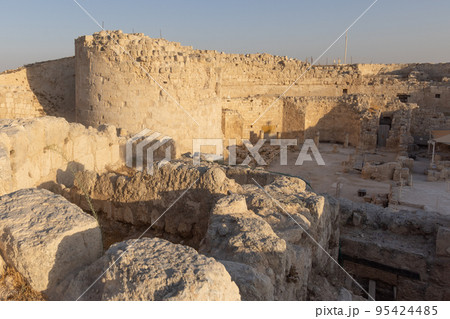Mount Herodion and the ruins of the fortress of King Herod inside an artificial crater. The Judaean Desert, West Bank. Mount Herodion and the ruins of the fortress of King Herod inside an artificial crater. The Judaean Desert, West Bank. 95424485
