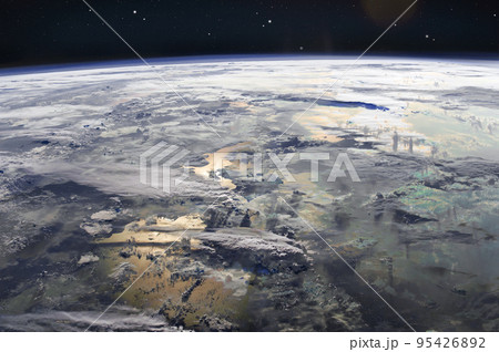 Clouds above the earth, satellite view. 3d illustration. The elements of this image furnished by NASA. 95426892