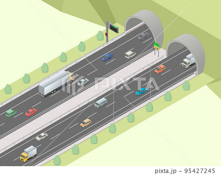 アイソメトリック図法で描いた高速道路のトンネル出入口のイメージ[A]（緑地） 95427245
