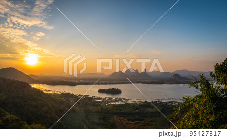 Panorama Landscape of Mountains and lakes in sunset at Phu Sub Lek Reservoir, Lopburi, Thailand. A new attraction that is highly popular. 95427317