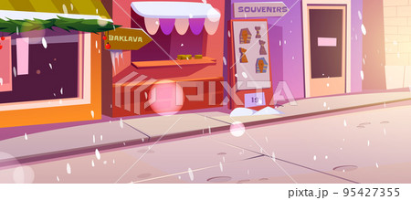 City street with shops and snow in winter City street with shops and snow in winter 95427355