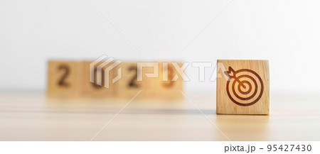 2023 block with dartboard icon. Goal, Target, Resolution, strategy, plan, Action, mission, motivation, and New Year start concepts 95427430