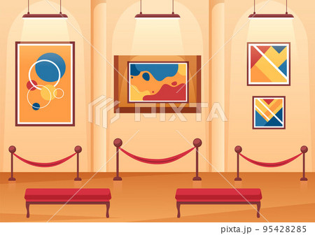 Art Gallery on Museum of Exhibition Visitors Viewing Modern Abstract Paintings at Contemporary and Photo in Flat Cartoon Hand Template Illustration 95428285