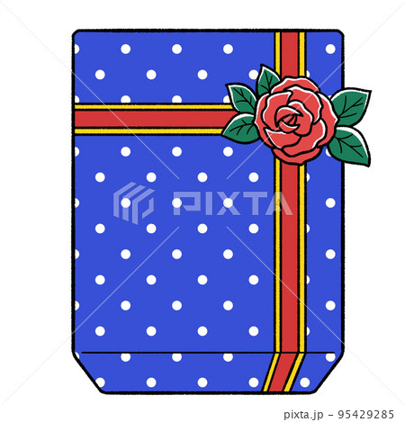バラの花飾り付きのドット柄の長方形のプレゼント 95429285