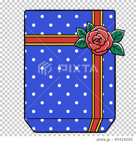 バラの花飾り付きのドット柄の長方形のプレゼント 95429285