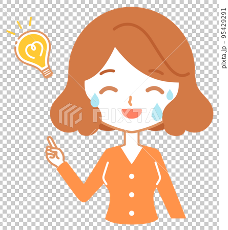 閃く電球と指差す女性の上半身-焦る 閃く電球と指差す女性の上半身-焦る 95429291