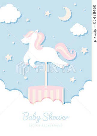 空に浮かぶ白馬のメリーゴーランドのベビーシャワー向け背景イラスト 95429469