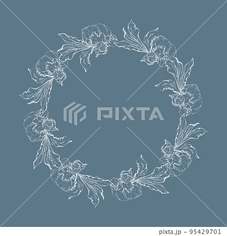 Hand drawn vector circle frame wreath arrangement with peony flowers, buds and leaves. Isolated on white background. Design for invitations, wedding or greeting cards, wallpaper, print, textile 95429701