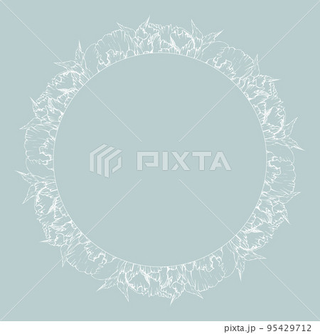 Hand drawn vector circle frame wreath arrangement with peony flowers, buds and leaves. Isolated on white background. Design for invitations, wedding or greeting cards, wallpaper, print, textile Hand drawn vector circle frame wreath arrangement with peony flowers, buds and leaves. Isolated on white background. Design for invitations, wedding or greeting cards, wallpaper, print, textile 95429712
