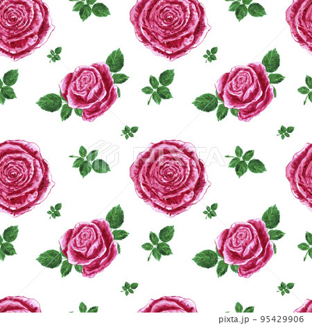 Handdrawn roses seamless pattern. Watercolor pink flowers with green leaves on the white background. Scrapbook design, typography poster, label, banner, textile. Handdrawn roses seamless pattern. Watercolor pink flowers with green leaves on the white background. Scrapbook design, typography poster, label, banner, textile. 95429906