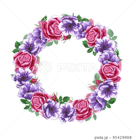 Handdrawn anemone and roses wreath. Watercolor wind flower boarder on the white background. Scrapbook design elements. Typography poster, wedding card, label, banner design. Handdrawn anemone and roses wreath. Watercolor wind flower boarder on the white background. Scrapbook design elements. Typography poster, wedding card, label, banner design. 95429908