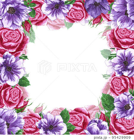 Handdrawn anemone and roses frame. Watercolor flowers on the white background. Wind flowers boarder. Typography poster, wedding card, invitation, label, banner design. Handdrawn anemone and roses frame. Watercolor flowers on the white background. Wind flowers boarder. Typography poster, wedding card, invitation, label, banner design. 95429909