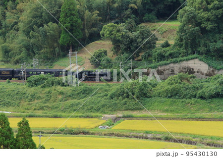 田原坂公園から眺めた山間の田んぼの中を走る蒸気機関車の景色 田原坂公園から眺めた山間の田んぼの中を走る蒸気機関車の景色 95430130