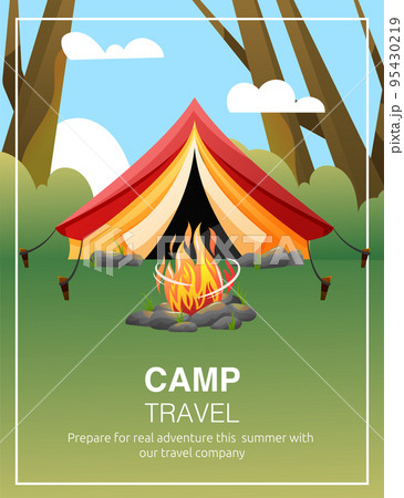 Camp travel tent vector banner concept. Red and yellow camp tent in forest. Camp travel tent vector banner concept. Red and yellow camp tent in forest. 95430219