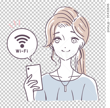 A simple person illustration material of a woman who connects a smartphone to Wi-Fi A simple person illustration material of a woman who connects a smartphone to Wi-Fi 95430646