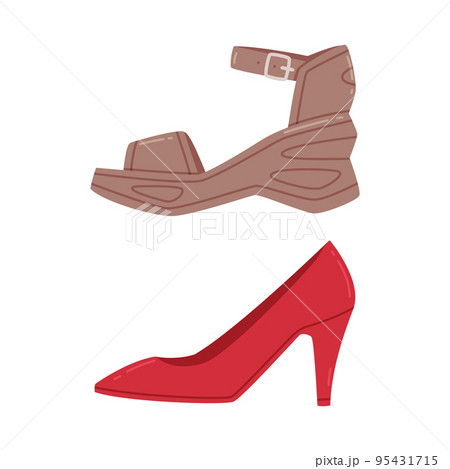 Red Shoe and Woman Sandal with Strap Around Ankle as Casual Footwear Vector Set 95431715