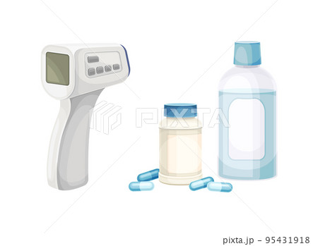 Infrared Thermometer and Medicine Pill as Medical Device Vector Set Infrared Thermometer and Medicine Pill as Medical Device Vector Set 95431918