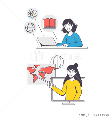 Online Learning with Woman Student and Teacher...のイラスト素材 [95431956] - PIXTA