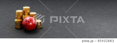 Bowling Ball ahead of Stacks of Coins on Dark Background 95432663