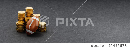 Football Ball ahead of Stacks of Coins on Dark Background Football Ball ahead of Stacks of Coins on Dark Background 95432673