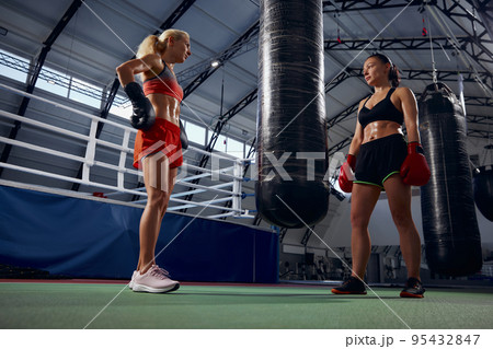 Sportive young women wearing sports uniform workout at sports gym. Sport, workout, strength and active lifestyle 95432847