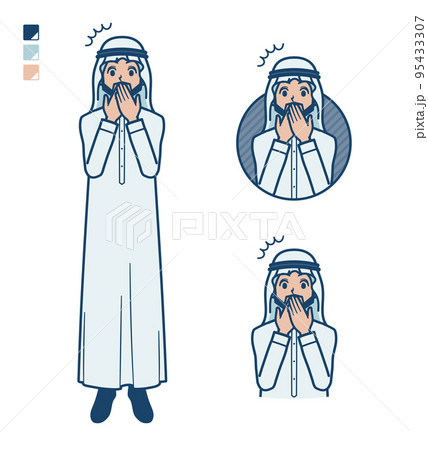 白い衣装を着たアラビア人男性が口をおさえて驚いているイラスト 白い衣装を着たアラビア人男性が口をおさえて驚いているイラスト 95433307