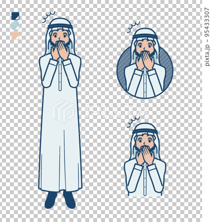 白い衣装を着たアラビア人男性が口をおさえて驚いているイラスト 白い衣装を着たアラビア人男性が口をおさえて驚いているイラスト 95433307