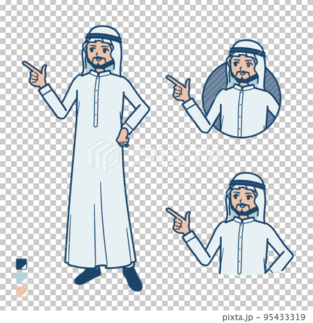 Illustration of an Arabian man wearing a white costume pointing and explaining 95433319
