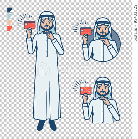 Illustration of an Arabian man wearing a white costume pointing at a credit card Illustration of an Arabian man wearing a white costume pointing at a credit card 95433325