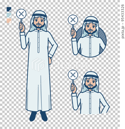 Illustration of an Arabian man in a white costume showing a cross sign panel 95433326