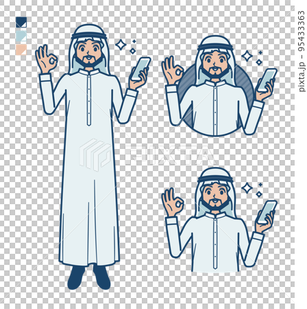 Illustration of an Arabian man wearing a white costume holding a smartphone and making an OK sign 95433363