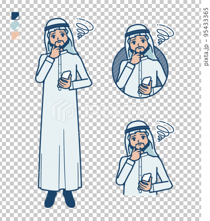 Illustration of an Arabic man wearing a white costume holding a smartphone and having trouble 95433365