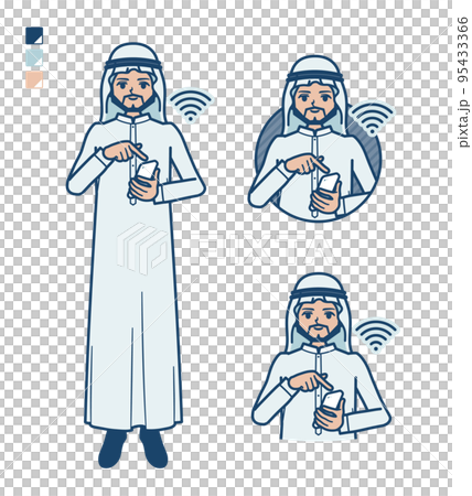 Illustration of an Arabian man wearing a white costume operating a smartphone 95433366