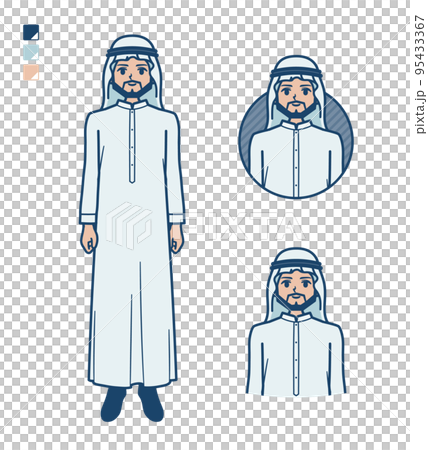 Illustration of a smiling Arabian man wearing a white costume Illustration of a smiling Arabian man wearing a white costume 95433367