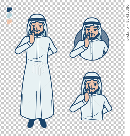 白い衣装を着たアラビア人男性が小声でささやいているイラスト 95433380