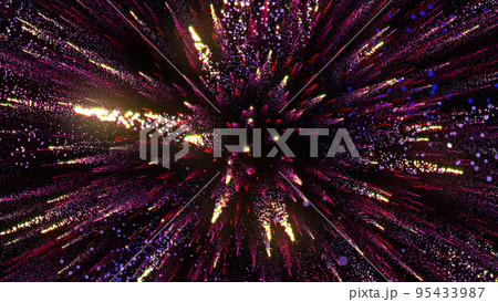 3D rendering of bright multi-colored particles fill the space with jets of energy and light 95433987