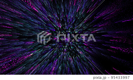 3D rendering of bright multi-colored particles fill the space with jets of energy and light 3D rendering of bright multi-colored particles fill the space with jets of energy and light 95433997