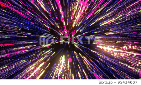3D rendering of bright multi-colored particles fill the space with jets of energy and light 3D rendering of bright multi-colored particles fill the space with jets of energy and light 95434007